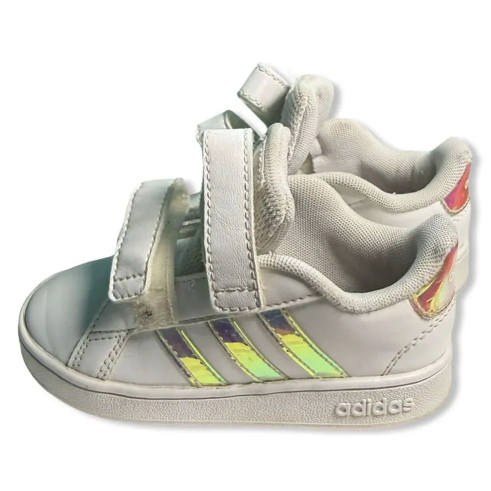 Adidas Grand Court Toddler Sneakers 7K | White Iridescent Stripes